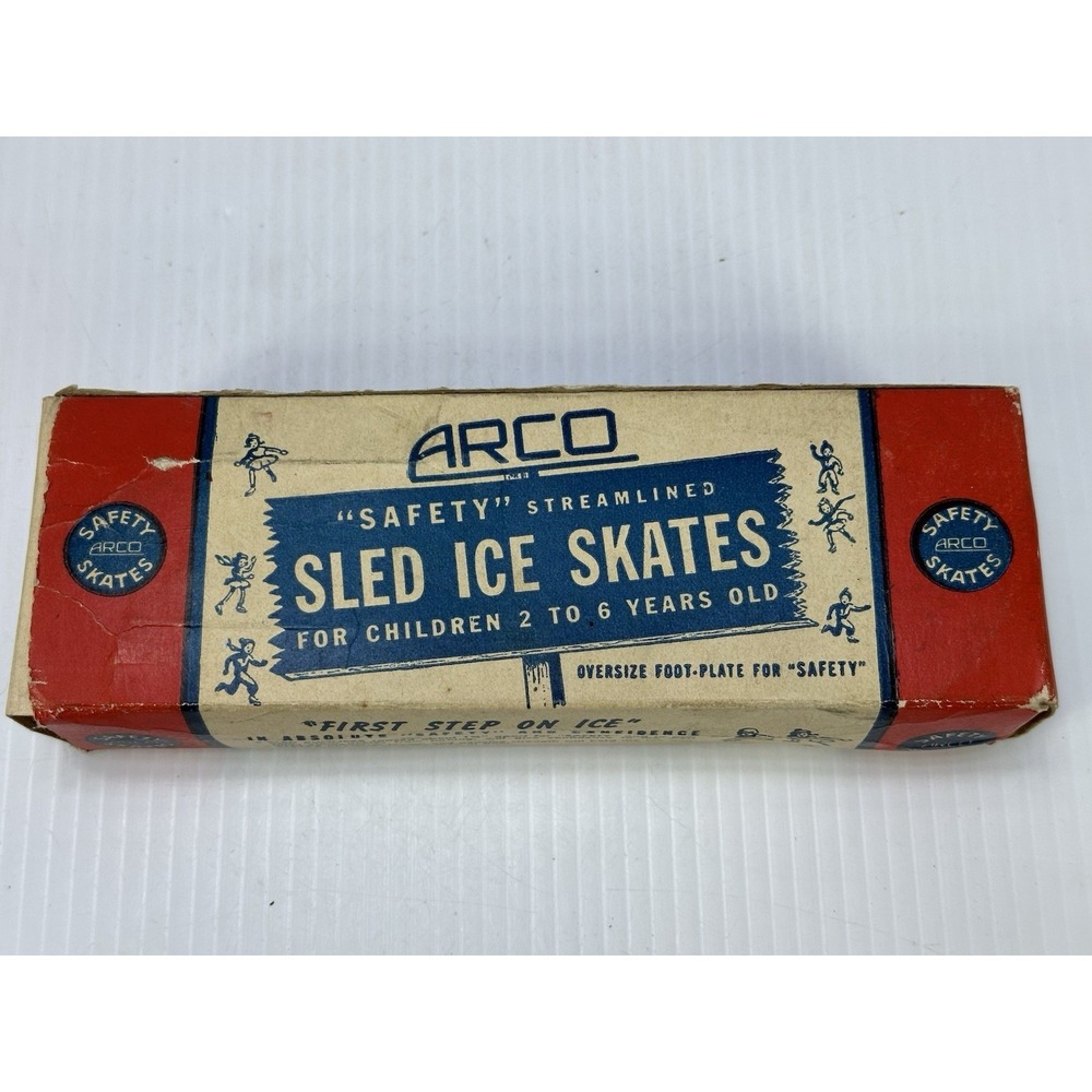 Vintage Mid-Century Arco Safety‎ Streamlined Sled Ice Skates Original Box Rusty